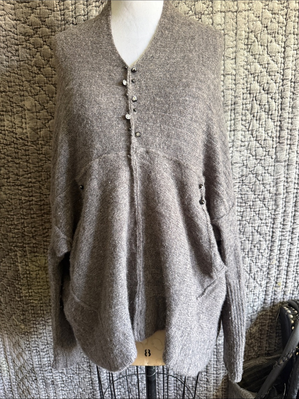 Relaxed Taupe Crewneck Sweater with Cristal Accents 100% Cashmere